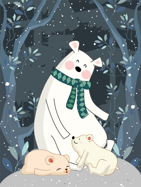 winter backdrop stylized white bears snowfall icons