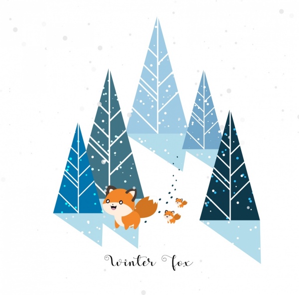 winter background fox snow tree icons decoration