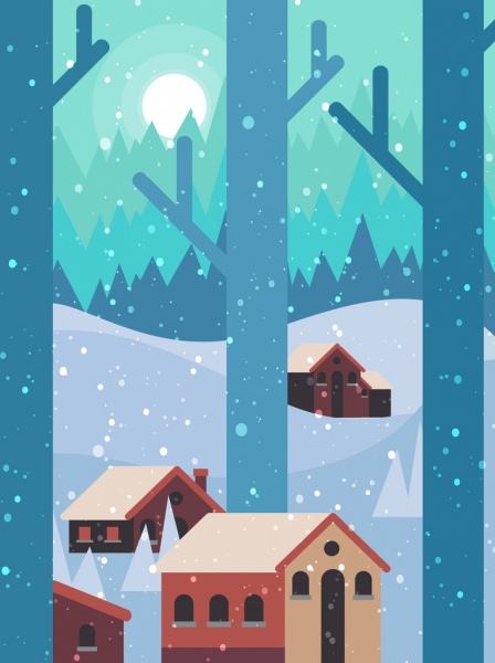 winter background houses snowfall moonlight icons decor
