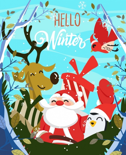 winter background santa claus stylized animals icons