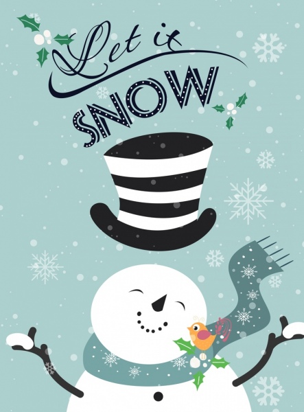 winter background snowman bird snowflakes icons calligraphic decor