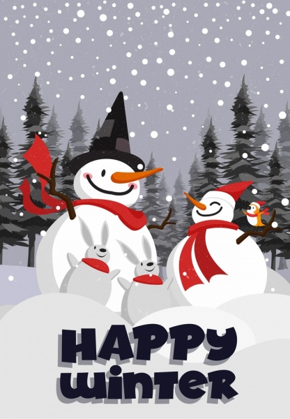 winter banner snowman falling snow icons colored cartoon