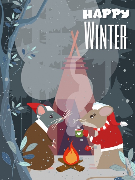 winter banner stylized mouse icons cartoon design