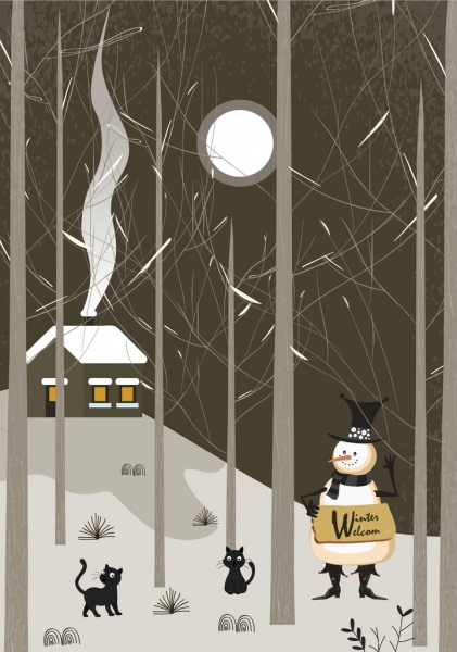 winter banner stylized snowman moonlight leafless trees icons