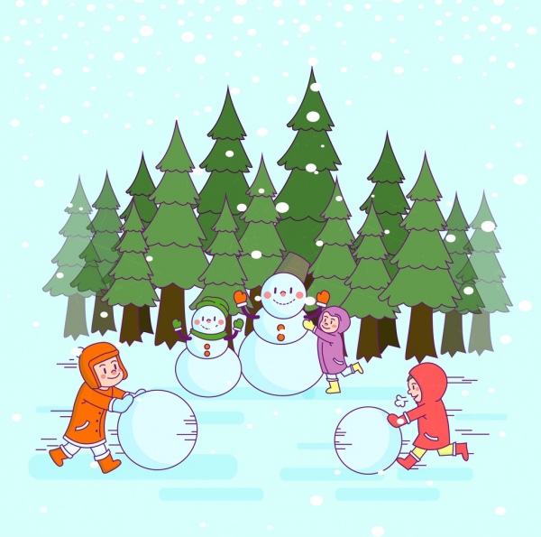 winter drawing playful kid outdoor snowman colored cartoon