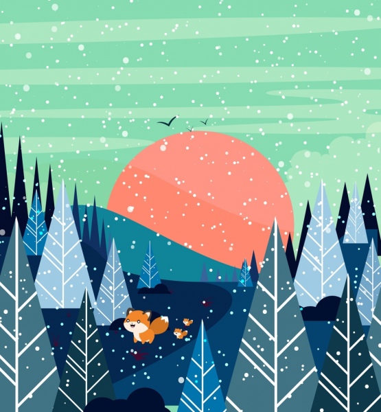 winter drawing tree snow fox icons colored cartoon
