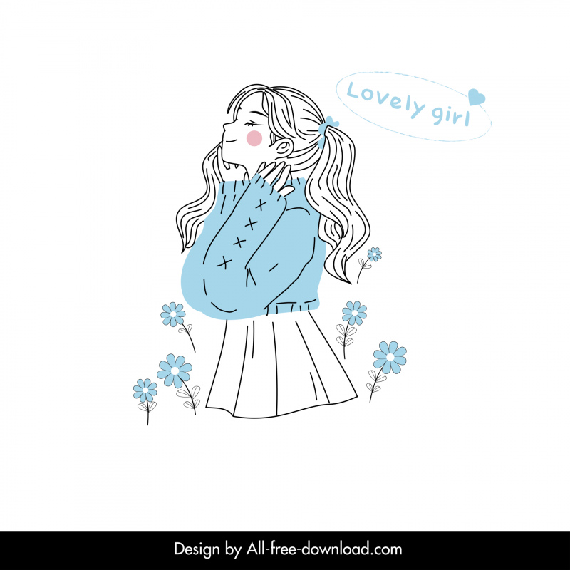 winter fashion design element flat cartoon handdrawn girl flowers sketch