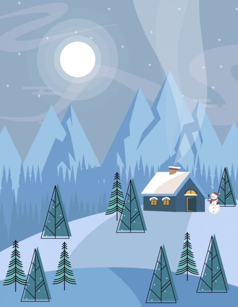 winter landscape background snow mountain moon cottage icons