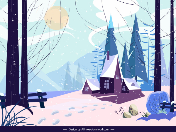 winter landscape painting colored classic decor cartoon design