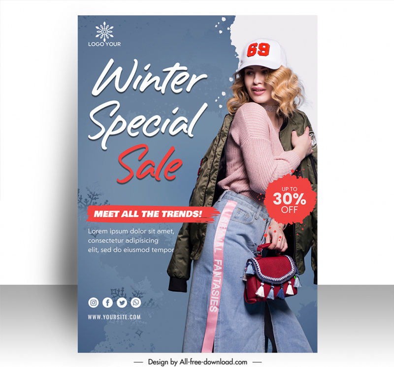  winter sale poster template dynamic lady sketch