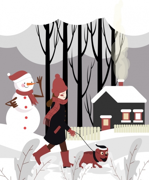 winter scene painting walking girl snow house icons