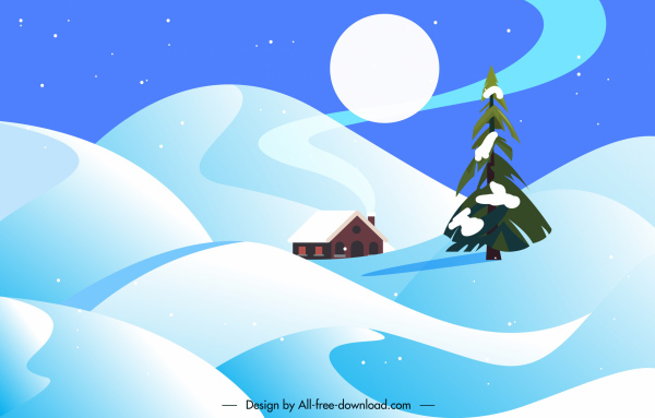 winter scenery background moon cottage snow land sketch