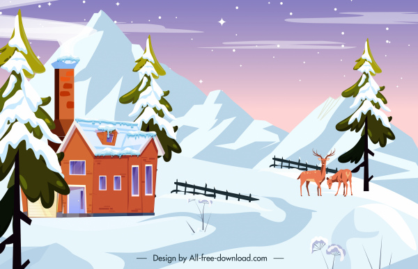 winter scenery background snow mountain cottage reindeers sketch