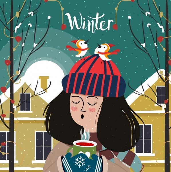winter time painting girl bird icons cartoon character