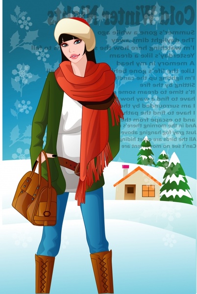 winter fashion advertisement young lady icon cartoon character