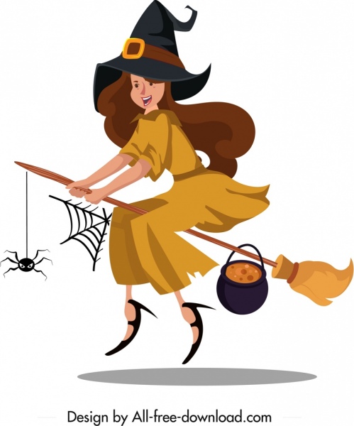 witch icon flying girl broom sketch cartoon character