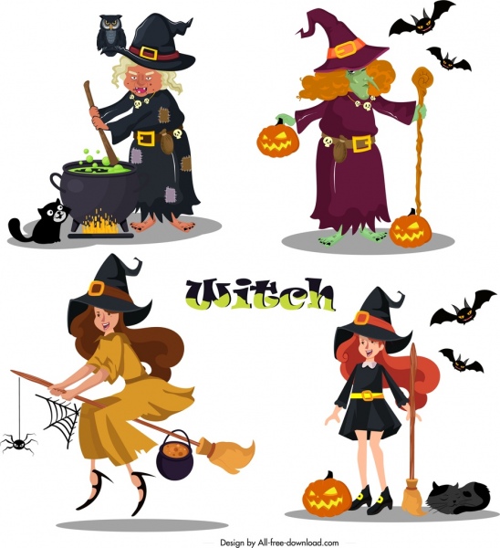 witch icons old young women sketch cartoon design