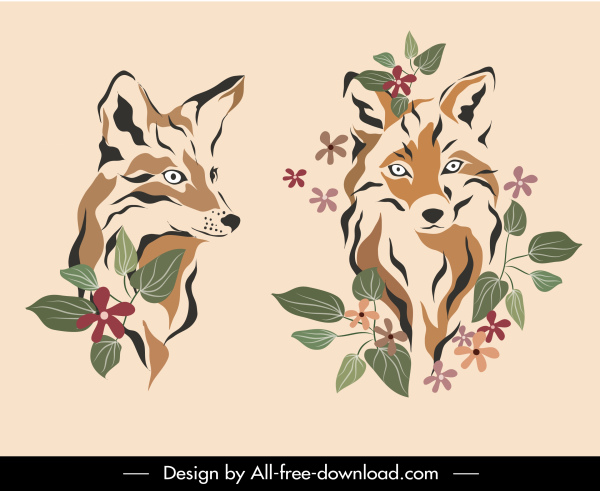 wolf fox icons handdrawn sketch floral decor