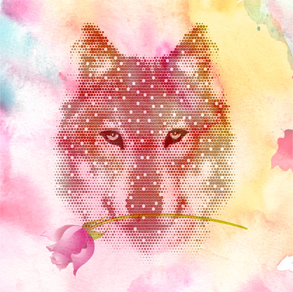 wolf with rose on water color illustration