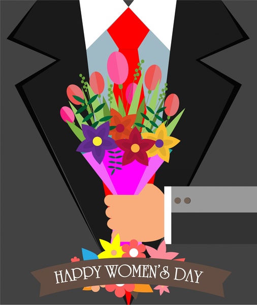 woman day banner illustration with gentlemen holding bouquet