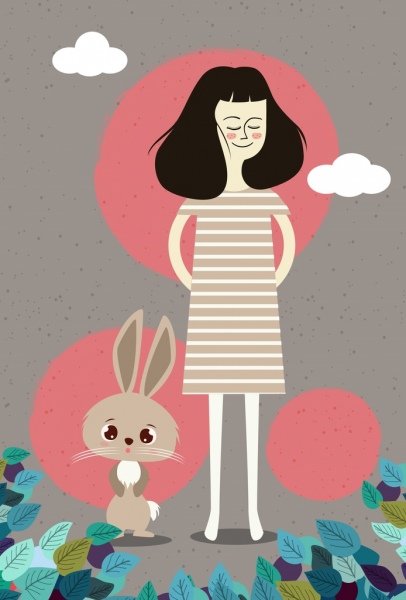 woman drawing bunny leaves decoration colored cartoon