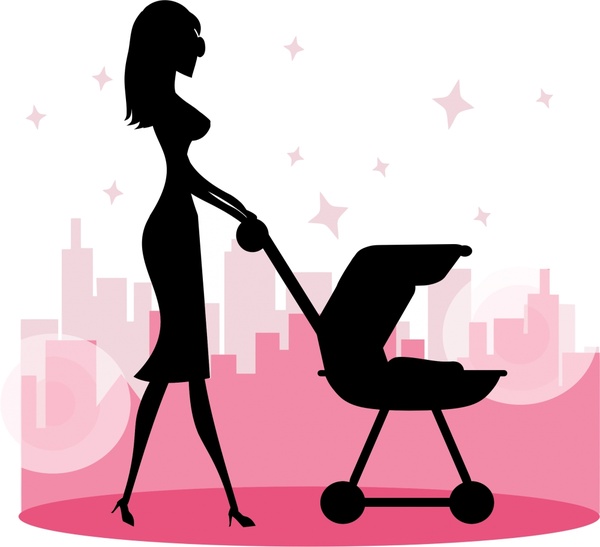 woman with baby carriage illustration with silhouette style