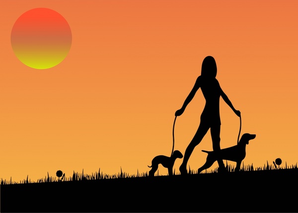 woman with dogs illustration with sunset silhouette style