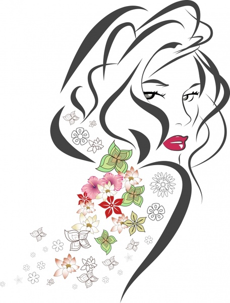 woman drawing flowers decor curves sketch