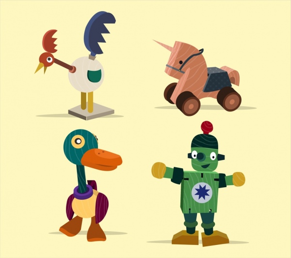 wooden toys icons collection 3d colored design