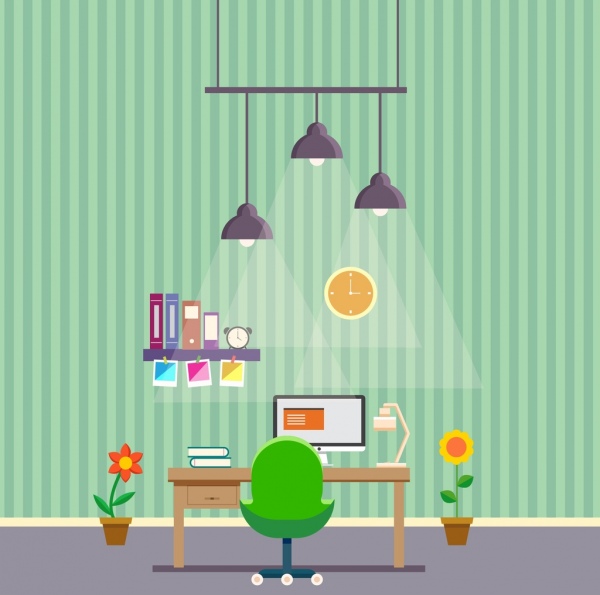 work space decoration drawing lights desk chair icons