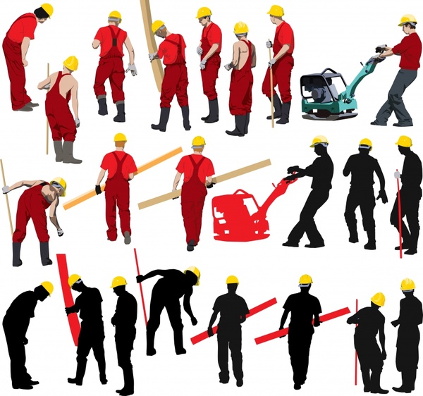 civil workers icons colored silhouettes cartoon characters