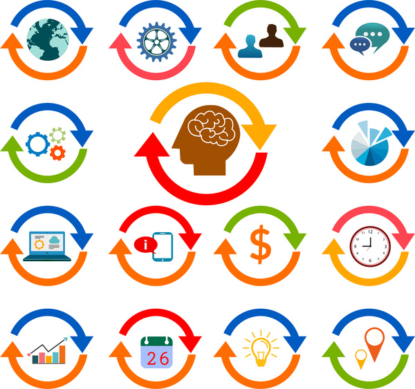 working brain vector illustration with circle icons