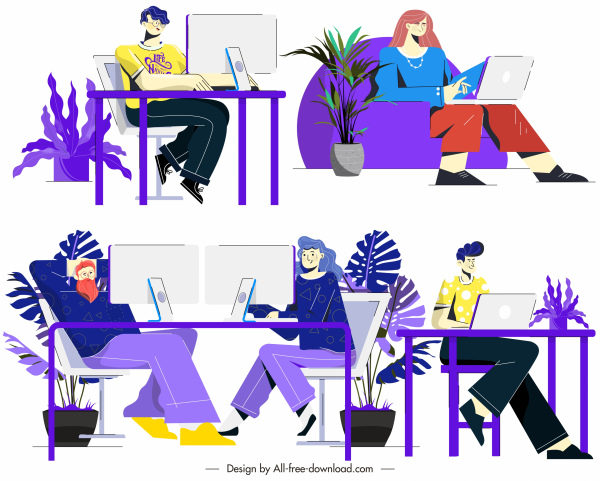 workplace icons colorful flat cartoon characters sketch