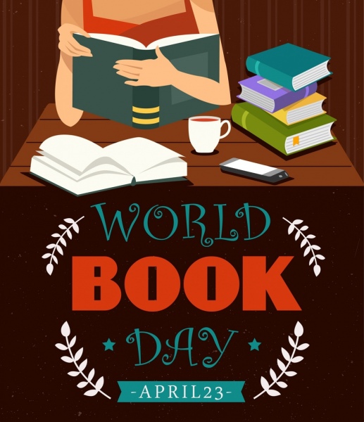world book day banner woman icon texts decoration