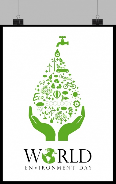world day banner green symbols droplet layout
