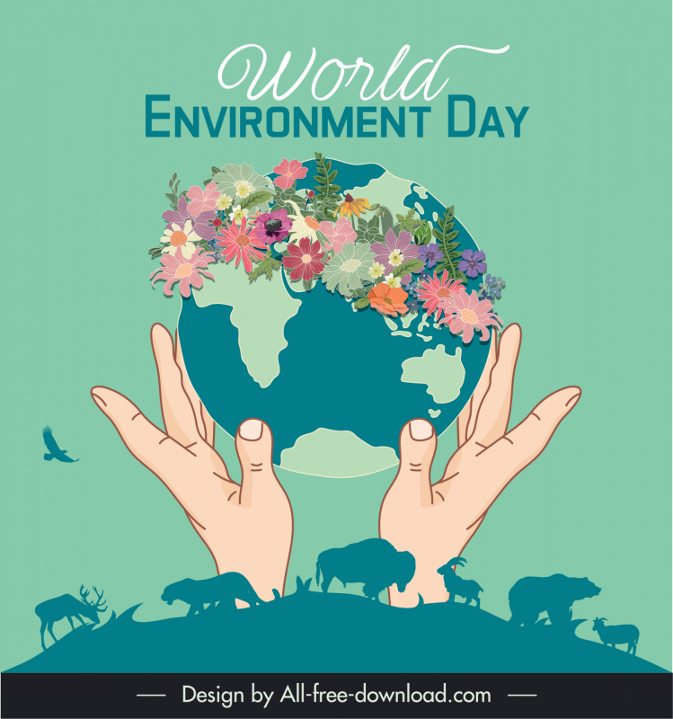 world environment day backdrop template holding hand floral earth silhouette wild animals sketch