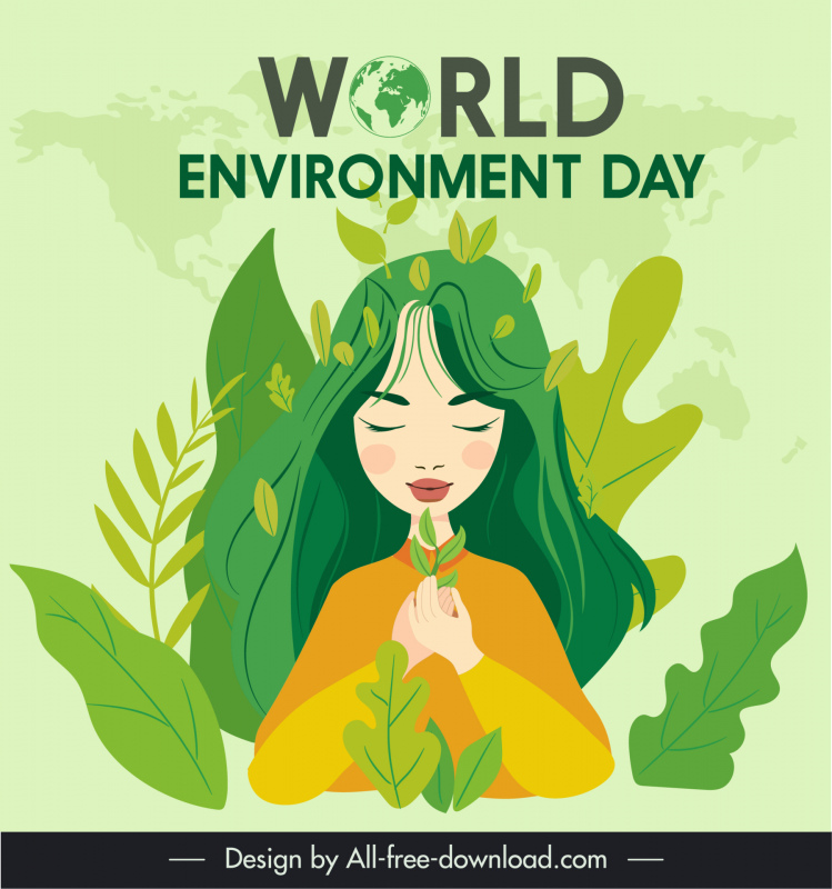 world environment day banner template handdrawn cartoon girl leaves sketch