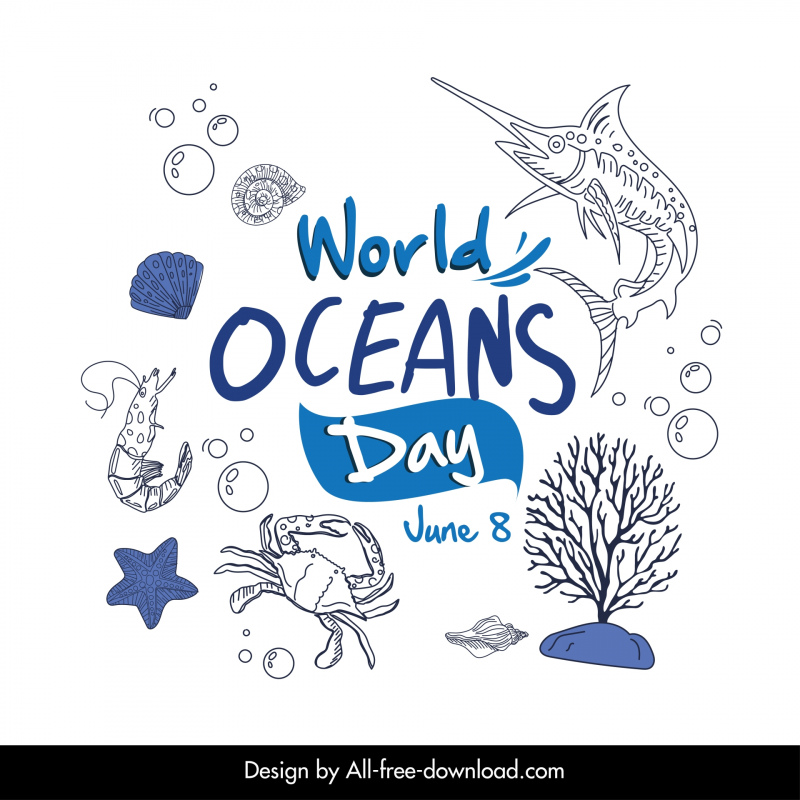world oceans day design elements handdrawn sea species 