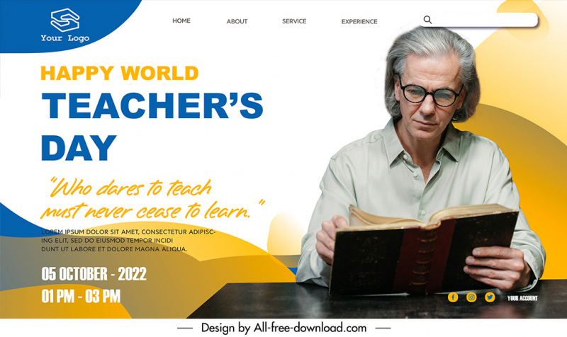 world teachers day landing page template elderly man reading book sketch modern realistic design  