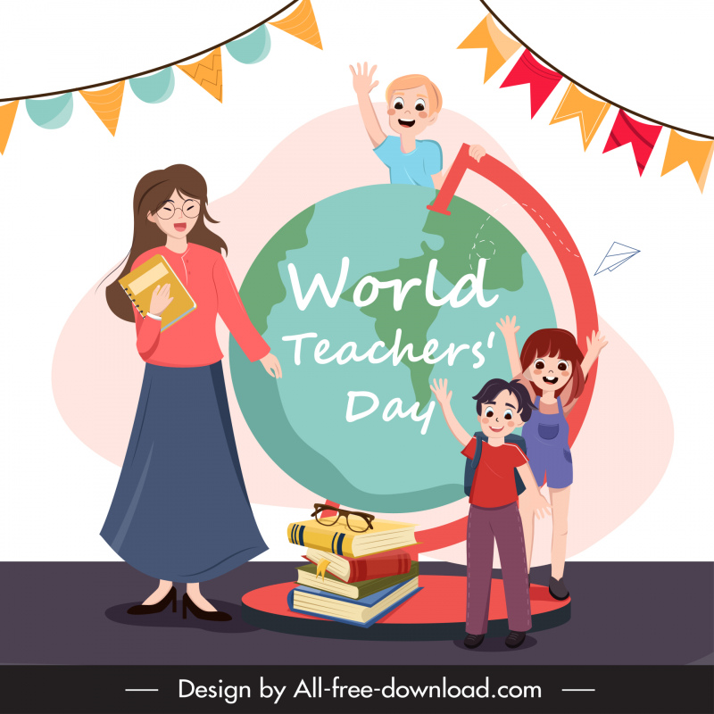 world teachers day poster template cartoon design ribbons globe books pupils sketch