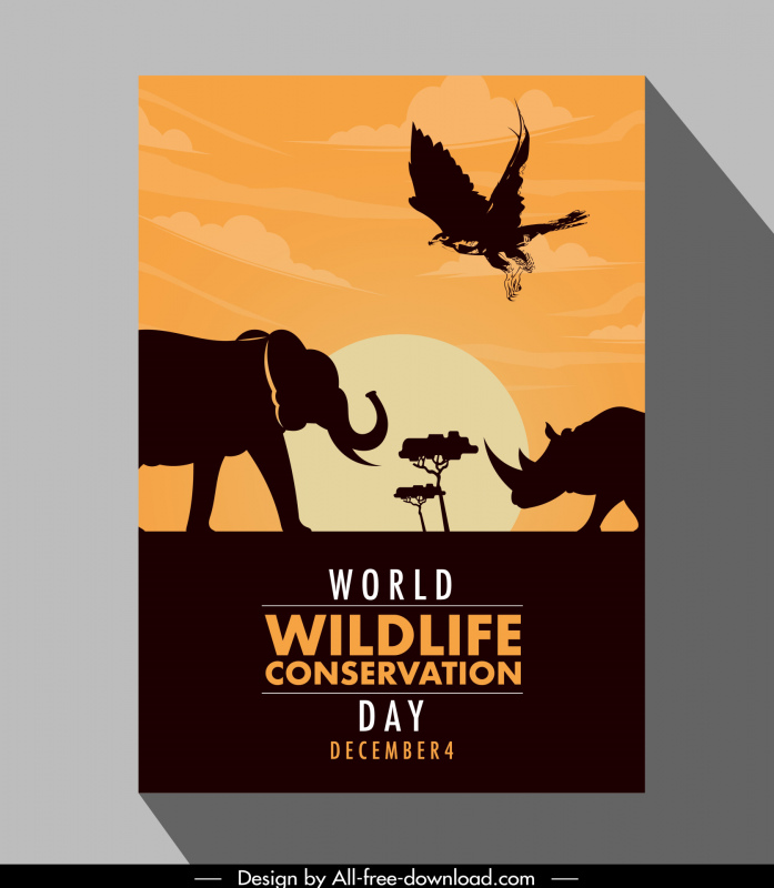 world wildlife day poster template 3d silhouette design wild animals scene sketch