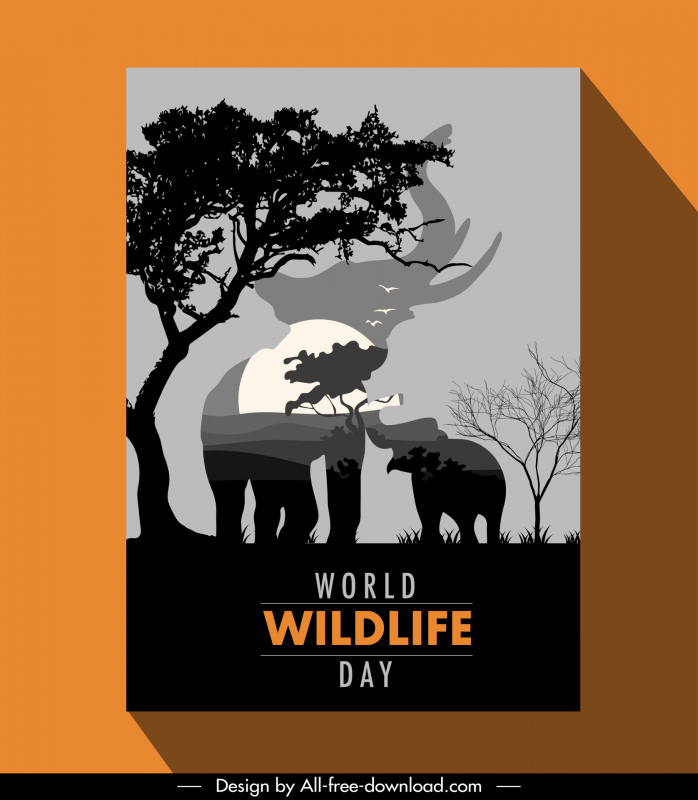 world wildlife day poster template silhouette design elephant animals scene sketch 