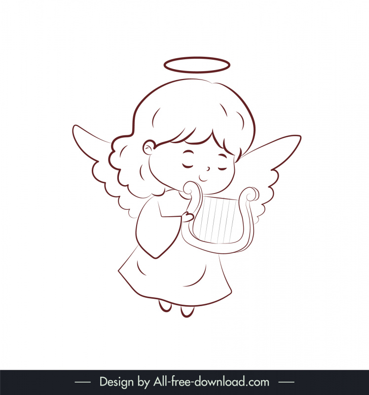 xmas angel icon cute girl playful with string instrument handdrawn cartoon outline