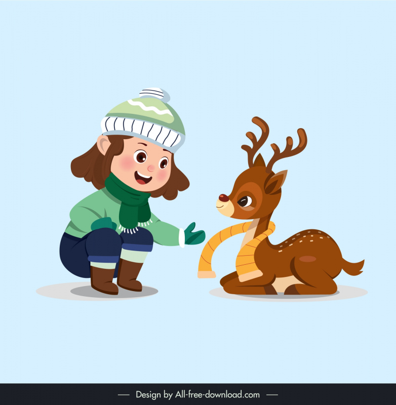 xmas design elements cute little girl  deer cartoon