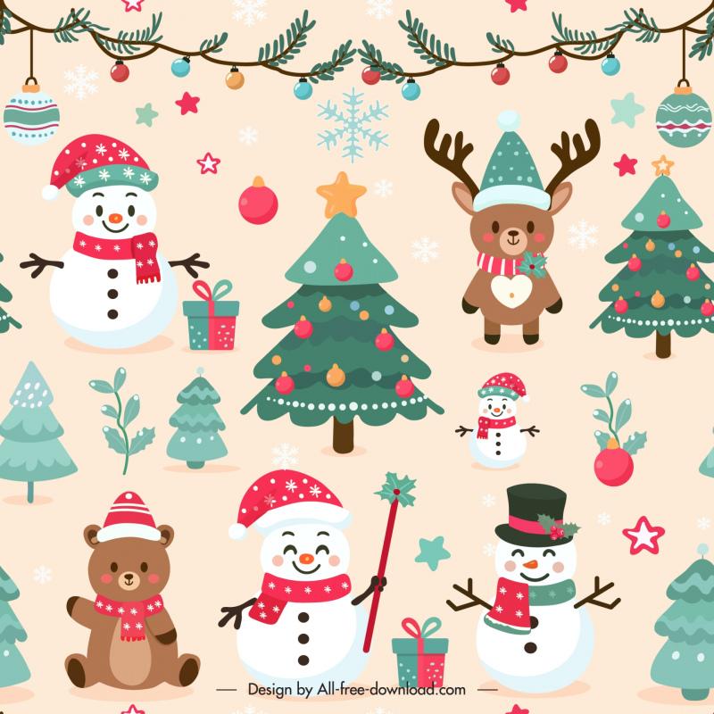 xmas pattern template cute cartoon snowman reindeer 