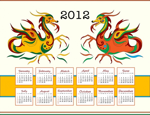 2012 calendar template colorful flat dragon sketch