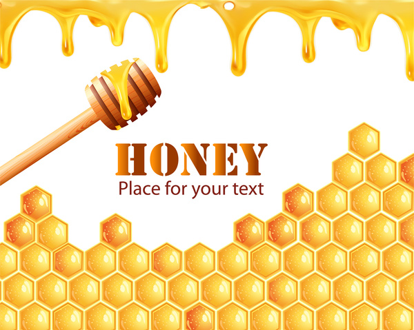 yellow honey background with honey stick and honeycomb