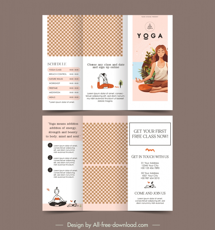 yoga brochure template trifold checkered cartoon zen lady