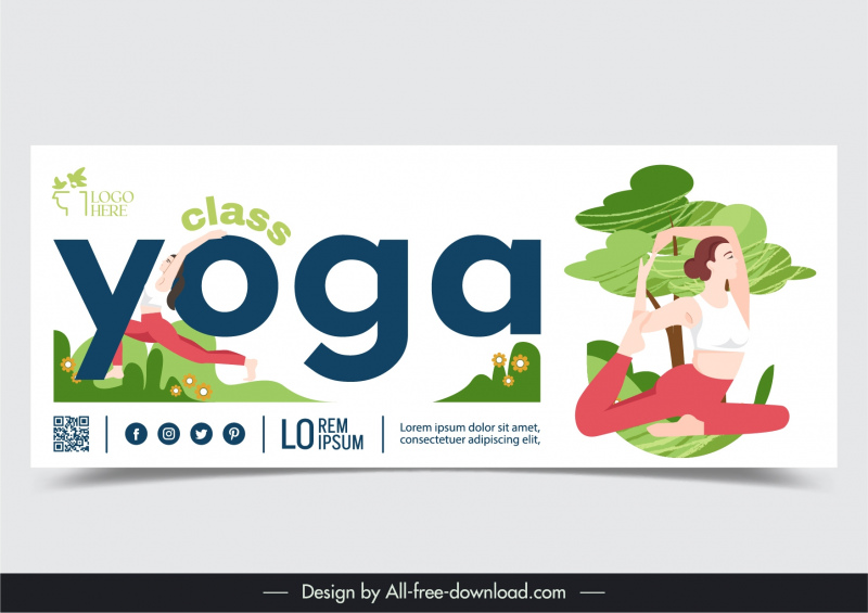 yoga classes banner template stretching woman cartoon