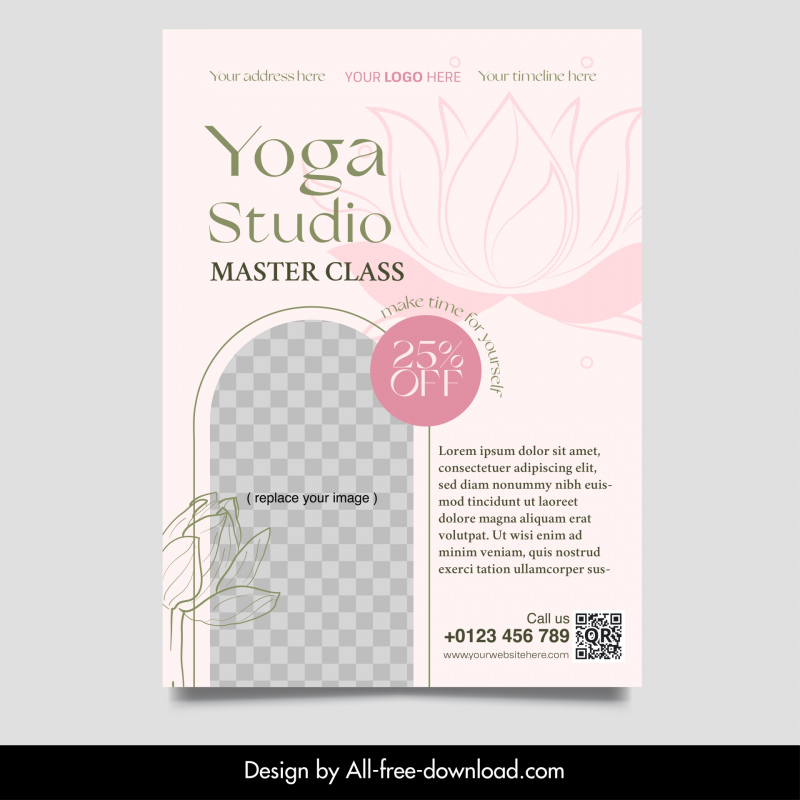 yoga course flyer template flat classical handdrawn lotus